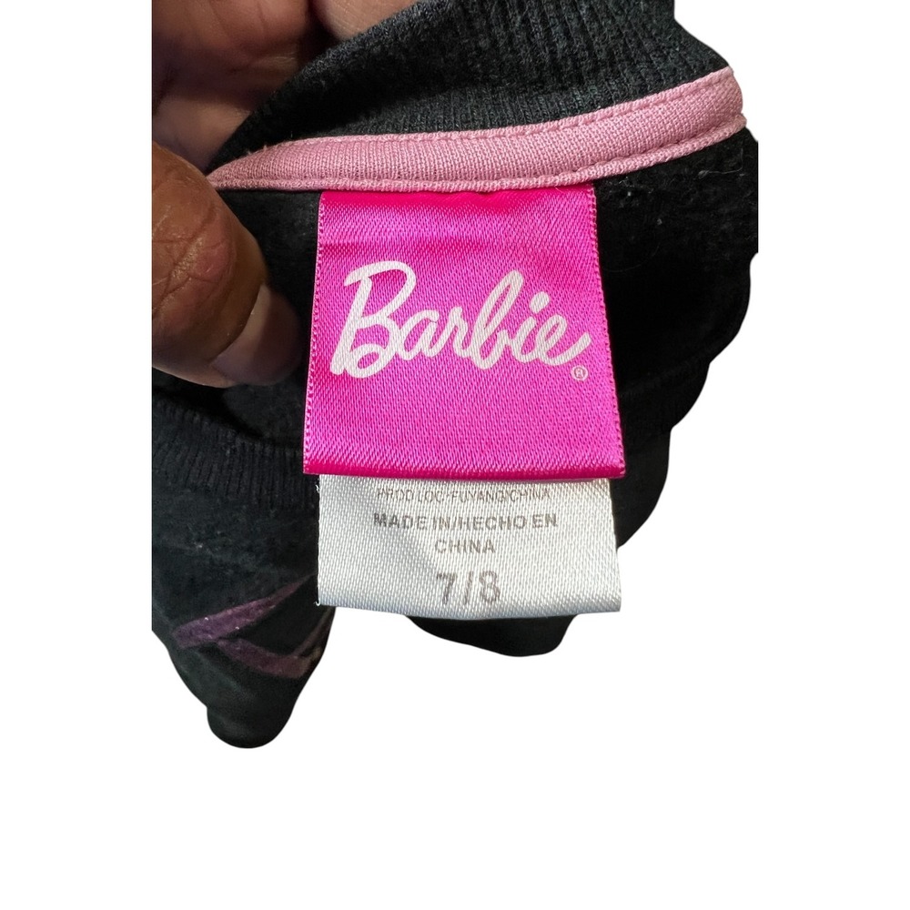 Barbie Girls Black Glitter Logo Sweatshirt Pink Stars Fleece Pullover Size 7/8 - Picture 5 of 5